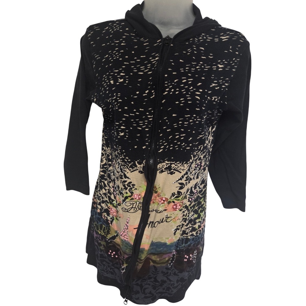 Y2K Vinrage 90s LAZY S‎ Zip Up Hoodie Paris Eiffel Tower Floral  Women's Size S